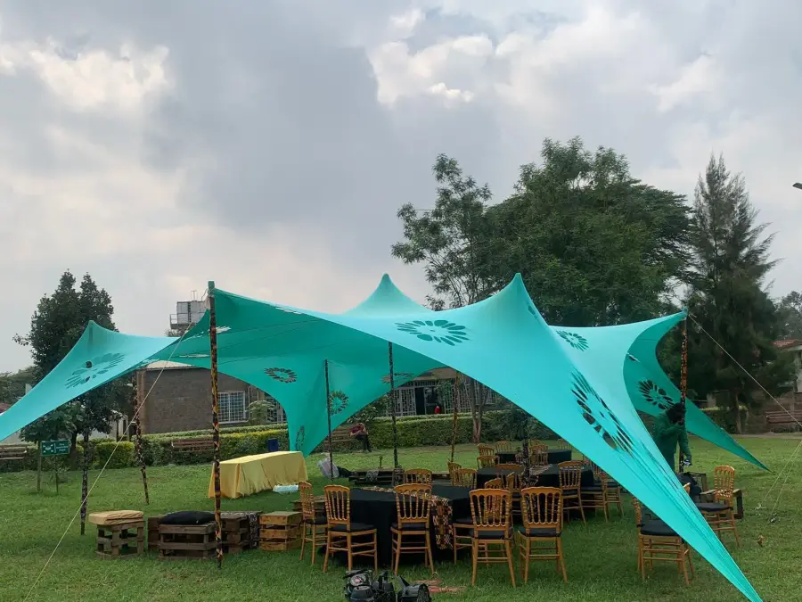 Exterior view of a teal stretch tent setup on a grassy lawn with black tables and gold chairs underneath.